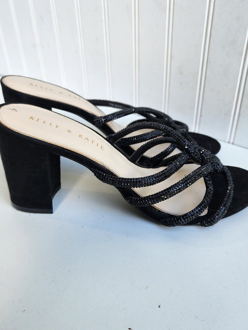 Kelly And Katie Jadzia Slide Sandals Womens Black Block Heels Rhinestone 11M